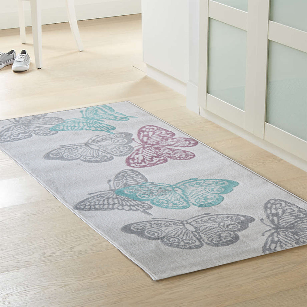 Butterfly Runner Rug Open Butterfly Patterned Rug in Light Greyvwith Aqua, Grey Butterflies