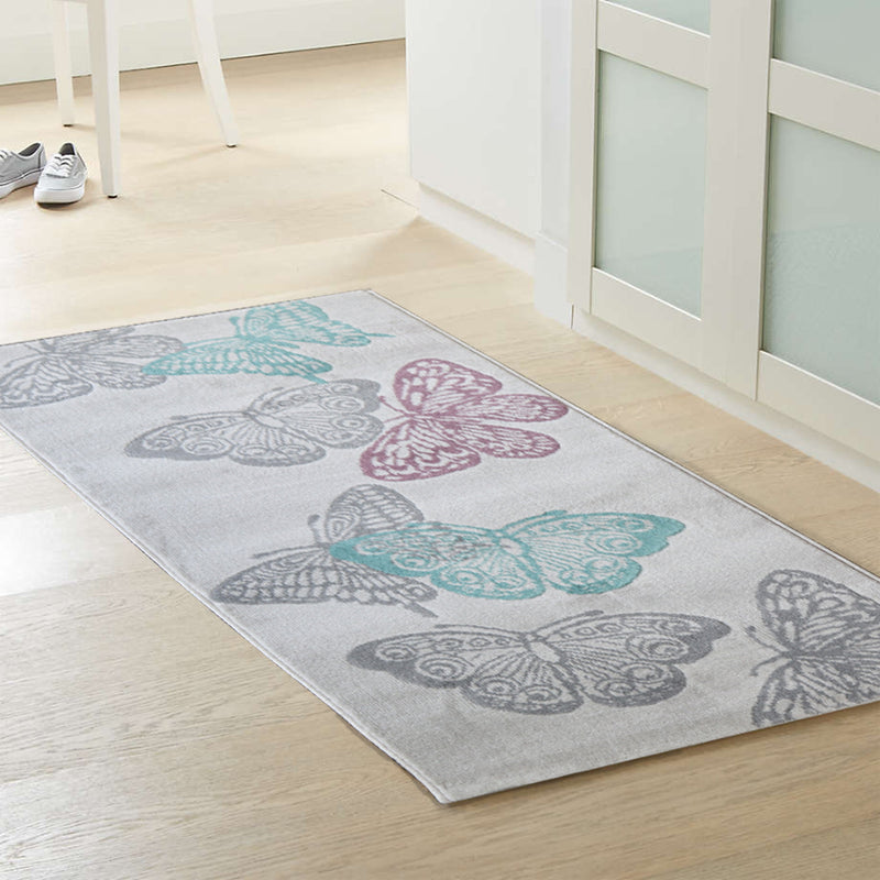 Open Butterfly Patterned Rug in Light Grey Background with Aqua, 60 x 110cm (6024408301731)