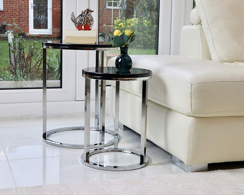 Paloma Set of 2 Round Nesting Tables, Glossy Black Tops and Chrome Base (6024408858787)