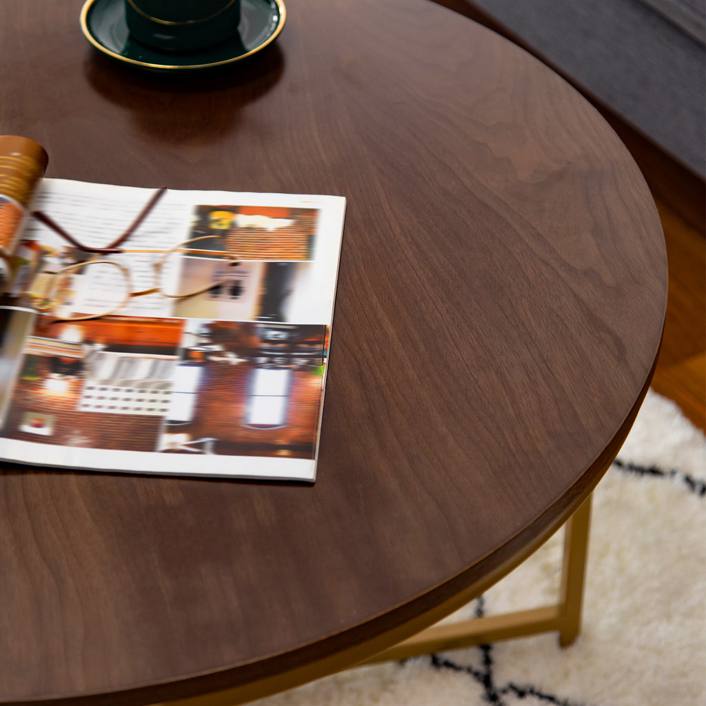 Regis Round Coffee Table Walnut Gold 80 dia x 47.5 H cm