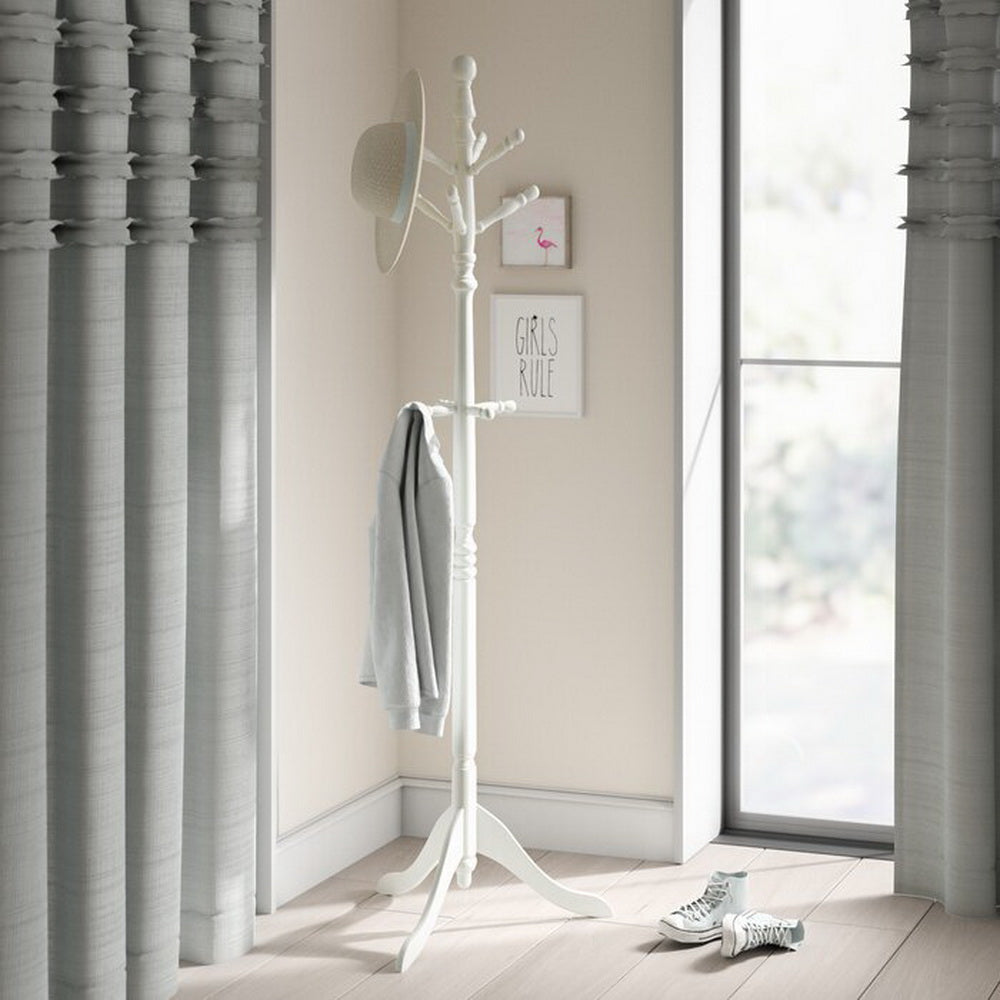 Cleo Wooden Coat Stand with Hooks-Solid Wood in White Finish