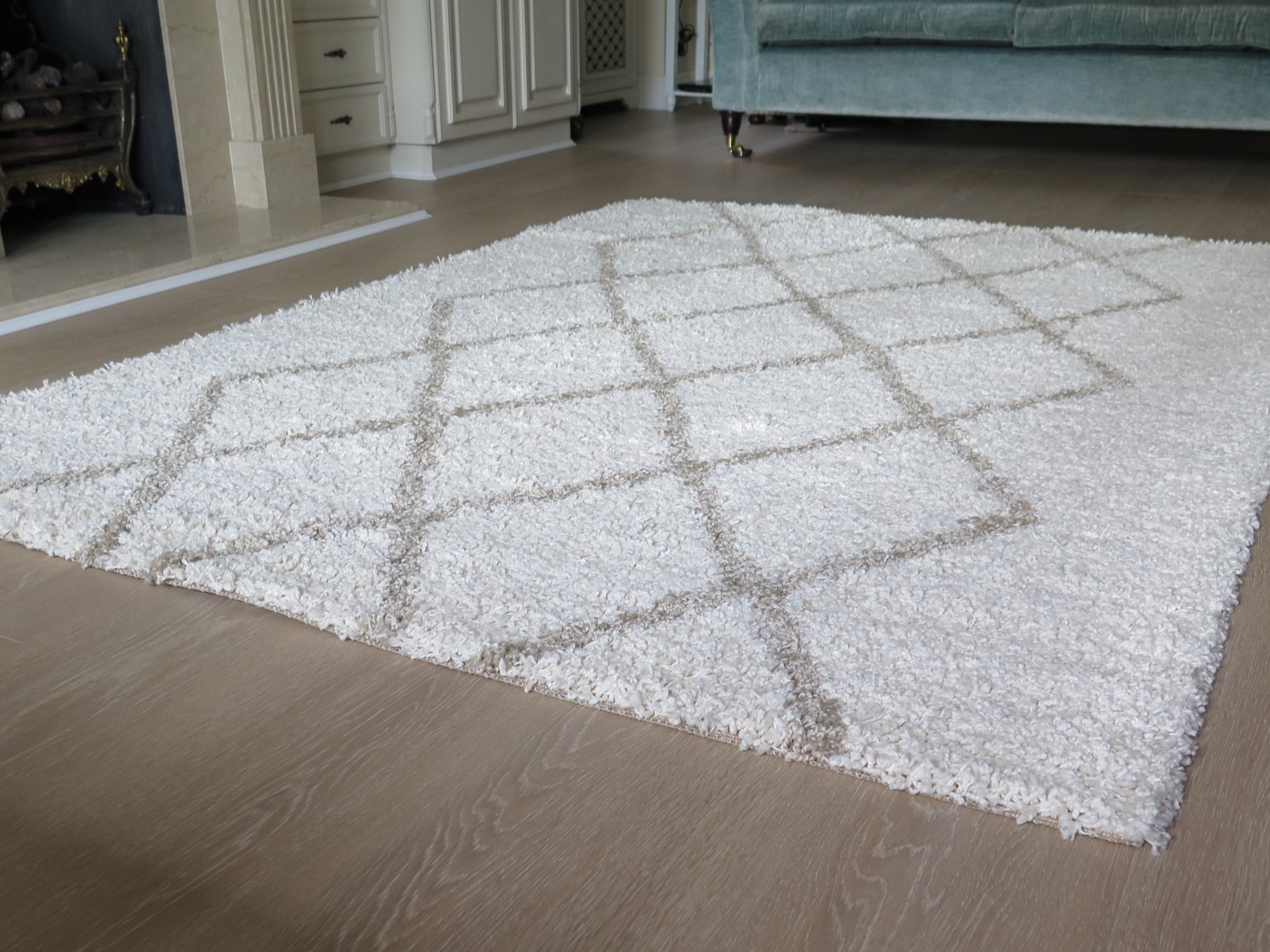 Cream Diamond Pattern Rug Trellis Cosy Diamond/Rhombus Pattern Geometric Shaggy Rug, Cream