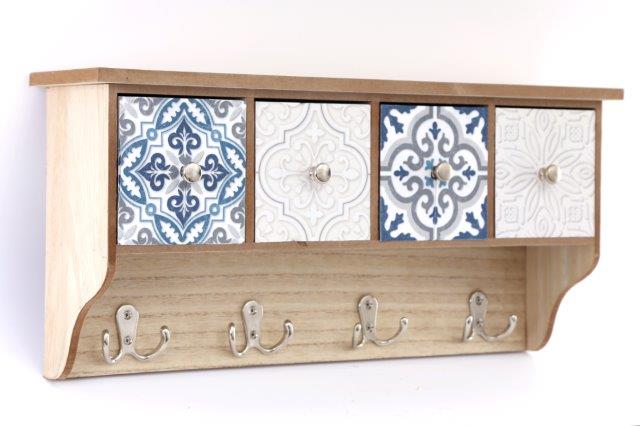 Retro Wooden Wall Shelf With 4 Drawers & Hooks(SR0090)